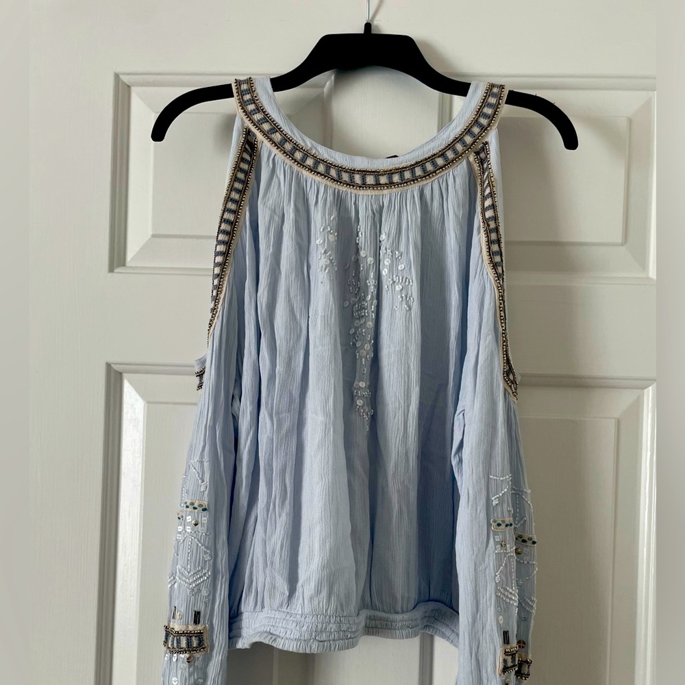 Free People cold shoulder embroidered & beaded blouse